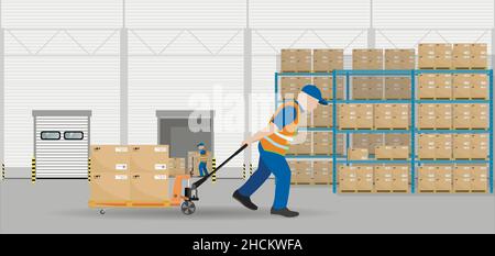 The loader moves pallets with boxes on the stack using a hand pallet truck. Storage, sorting and delivery. Storage equipment. Flat vector illustration Stock Vector
