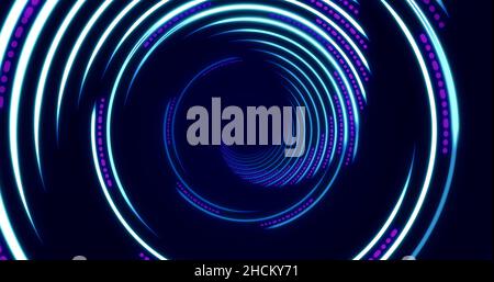 Blue and purple neon light curved lines forming a spiral tunnel. Futuristic science fiction abstract background. 3D illustration Stock Photo