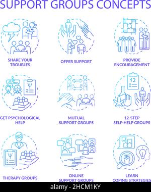 Support groups blue gradient concept icons set Stock Vector
