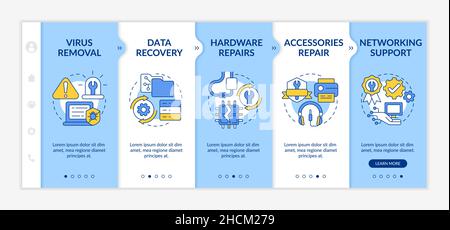 Types of repairs blue and white onboarding template Stock Vector