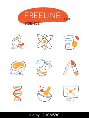 Science - modern line design style icons set in orange color. Everything for laboratory research. Microscope, atom, test tubes, particles, chemical ex Stock Vector