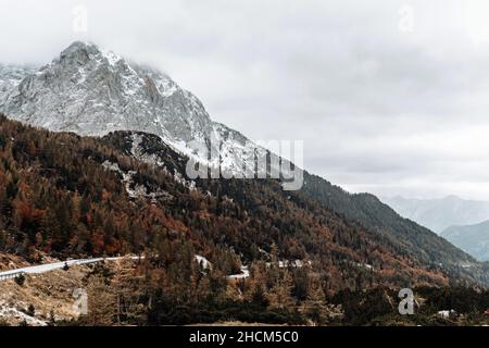 Long exposure view of the Vrsic mountain pass road in Julian alps in Slovenia in fall Stock Photo