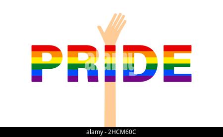 Raised hand and PRIDE word with gay pride rainbow flag design on white background. LGBT gay pride concept. Vector illustration Stock Vector