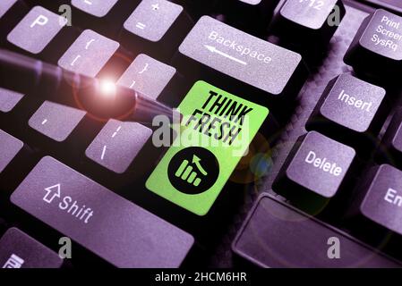 Text caption presenting Think Fresh. Word for a new perspective of thinking when producing ideas and concepts Practicing Speed Typing Accuracy Stock Photo