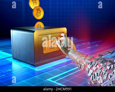 Hacker's hand materializing in cyberspace and approaching a crypto currency deposit. Digital illustration. Stock Photo