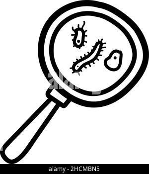 Hand drawn microbial magnifier icon in doodle style isolated Stock Vector