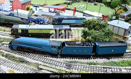 Crawley, West Sussex, UK-December 30th 2021: Models of 'Bittern' with two tenders and a Class 67 'Belmond Pullman' on a model railway. Stock Photo