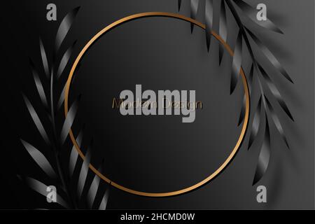Exotic black banner, cover design. Floral background with tropical leaf pattern palm tree. Premium gold circle frames, vector template for lux templat Stock Vector