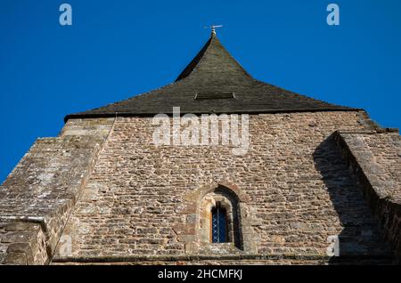 Looking up at the spire of the 13th century St Mary's Anglican Church in Billingshurst, West Sussex, UK. The church dates back to around 1200 when the Stock Photo