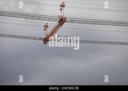 Braila, Romania - August 26, 2021: The Braila Bridge construction site, a bridge over the Danube river between Braila and the opposite bank of the riv Stock Photo