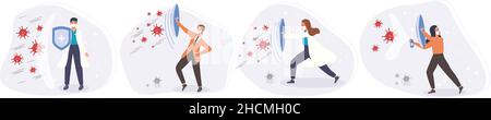 Fight and protect Coronavirus concept. Medical staff fight protective shield with pandemic. Vector illustration Stock Vector