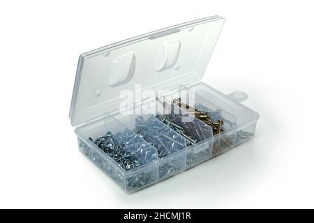Plastic box with screws isolated on white background Stock Photo