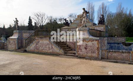 Ornate stairs to the bridge over the Canal of the Tiles (Canal dos Azulejos) in the Gardens of the Queluz National Palace, near Lisbon, Portugal Stock Photo