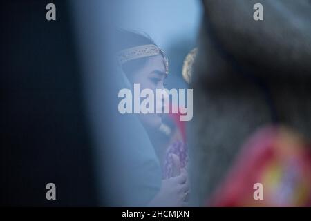 Kathmandu, Nepal. 30th Dec, 2021. A girl from Gurung community dances during a New Year celebration ceremony known as Tamu Lhosar in Kathmandu, Nepal, on Dec. 30, 2021. Credit: Hari Maharjan/Xinhua/Alamy Live News Stock Photo