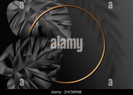 Exotic black banner, cover design. Floral background polygonal tropical leaf of Monstera plant low poly. Premium gold circle frames, vector template f Stock Vector