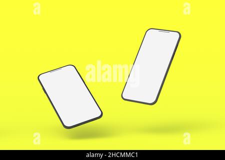 Two smartphones with isolated white screen on yellow background. 3d render Stock Photo