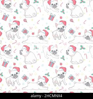 Dog seamless pattern Christmas. French bulldog Santa Claus Xmas hat and candy cane cartoon. Stock Vector