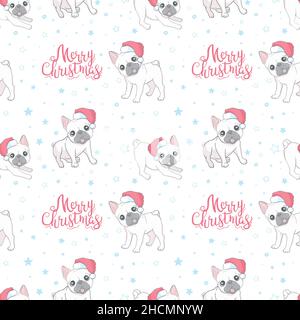 Dog seamless pattern Christmas. French bulldog Santa Claus Xmas hat and candy cane cartoon. Stock Vector