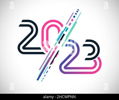 A Happy New Year 2023 congrats. Creative logotype concept. Colorful lines, dynamic art style. Pink, blue and black colours. Abstract isolated graphic Stock Vector
