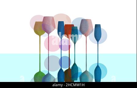 Long stem glassware with a textured color finish is seen in this illustration. Stock Photo