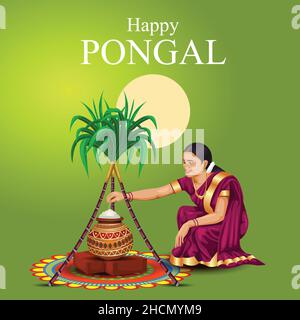 Happy Pongal celebration with sugarcane, Rangoli and pot of rice. Tamil girl making Pongal. Indian cultural festival celebration concept illustration Stock Vector