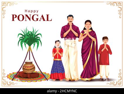 Happy Pongal religious traditional festival of Tamil Nadu India. Tamil family pry for god. vector illustration design Stock Vector