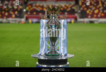 London, England, 29th December 2021. A view of the Premier league trophy on display ahead of the Premier League match at Brentford Community Stadium, London. Picture credit should read: Paul Terry / Sportimage Stock Photo