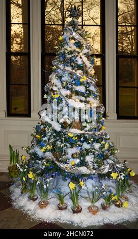 Christmas tree, silver, blue, yellow, flowers, icicles, balls