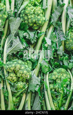 Cime di rapa, rapini or broccoli rabe in a street food market, green cruciferous vegetable, veggies, mediterranean cuisine, Puglia, Italy, vertical Stock Photo