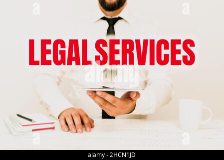 Text sign showing Legal Services. Conceptual photo Providing access to justice Fair trial Law equality Presenting Communication Technology Smartphone Stock Photo