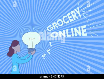 Text sign showing Grocery Online. Business concept digital version of supermarket accepting online ordering Lady Standing Drawing Holding Light Up Stock Photo