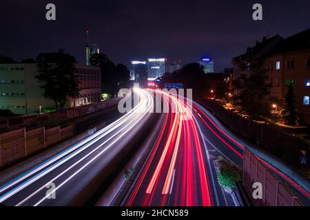 light trails on the motorway in  Essen, Germany Stock Photo