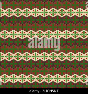 Seamless pattern with hexagonal chocolates and mistletoe. Colored vector Christmas background. Stock Vector