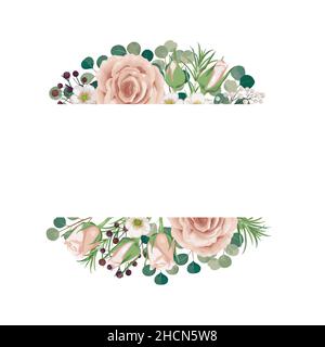 Floral frame, peach Rose, green Eucalyptus tender greenery, berry bouquet Stock Vector