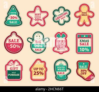 Christmas tag. Christams tree, snowman, mitten and other christmas attributes vector illustration.. Icon set Stock Vector