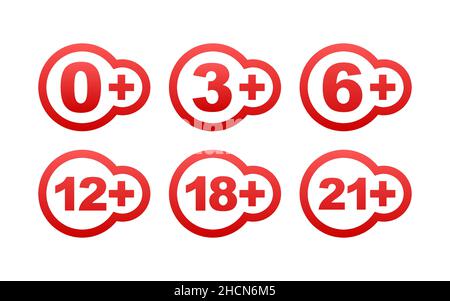 Censored 0, 3, 6, 12, 18, 21 plus sign limit concept. Age restrictions, censorship. Vector stock illustration Stock Vector