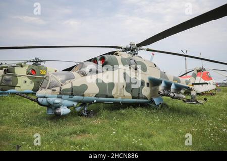 KIEV, UKRAINE - AUGUST 01, 2021: Ukrainian Air Force Mil Mi-24D Hind D displayed at Oleg Antonov State Aviation Museum Stock Photo
