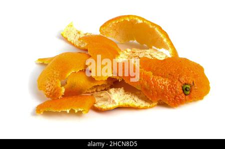 Tangerine skin isolated on white background. Remains of peeled citrus Stock Photo