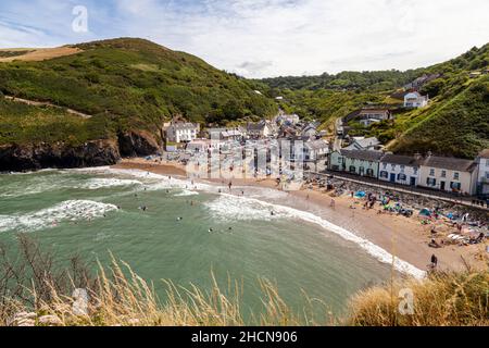 LLangrannog beach and village, a popular tourist destination on the Welsh coast, Ceredigion, Wales Stock Photo