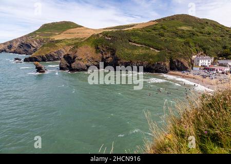 LLangrannog beach and village, a popular tourist destination on the Welsh coast, Ceredigion, Wales Stock Photo