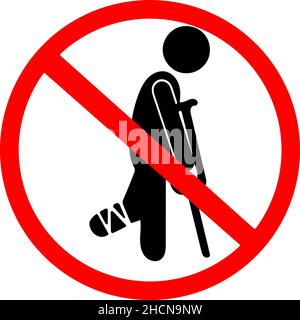 injured man in bandage with crutches allowed red circle road sign vector isolated on transparent background Stock Vector