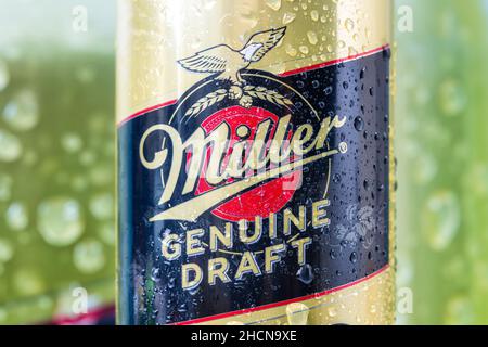 Label design of a Miller Genuine Draft beer can.Dec. 30, 2021 Stock Photo