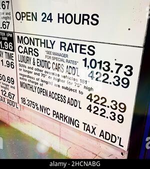 Parking Garage Rates Sign in New York City, USA  2021 Stock Photo