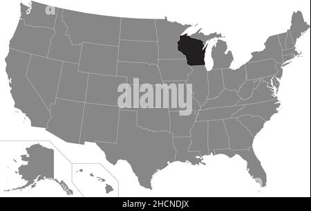Black highlighted location administrative map of the US Federal State of Wisconsin inside gray map of the United States of America Stock Vector