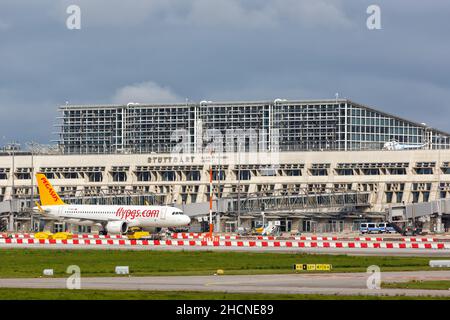 Stuttgart, Germany - September 11, 2021: Pegasus Airbus A320neo airplane at Terminal 1 at Stuttgart airport (STR) in Germany. Stock Photo
