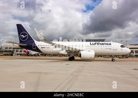 Stuttgart, Germany - September 11, 2021: Lufthansa Airbus A320neo airplane at Stuttgart airport (STR) in Germany. Stock Photo