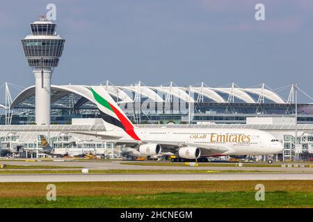 Munich, Germany - September 9, 2021: Emirates Airbus A380-800 airplane at Munich airport (MUC) in Germany.