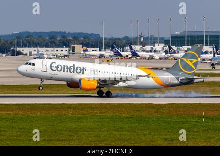 Munich, Germany - September 9, 2021: Condor Airbus A320 airplane at Munich airport (MUC) in Germany. Stock Photo