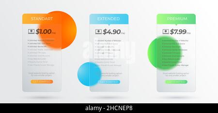 Modern subscription plan table template. Web hosting pricing plans for websites and applications. Glass frame with trendy morphism effect. Transparent Stock Vector