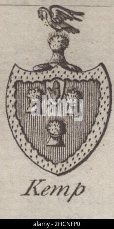 antique 18th century engraving heraldy coat of arms, English Baronet of Kemp by Woodman & Mutlow fc russel co circa 1780s Source: original engravings from  the annual almanach book. Stock Photo